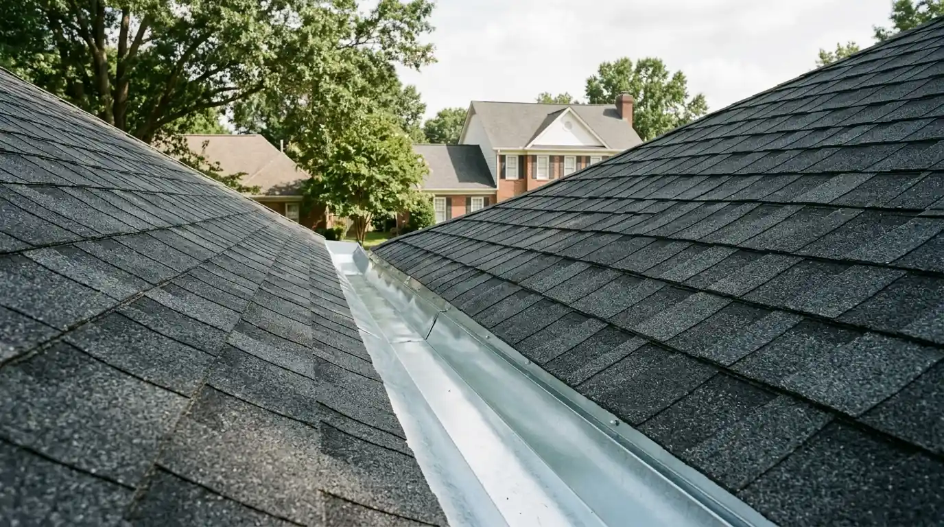 Rebuilt roof valley with open metal flashing