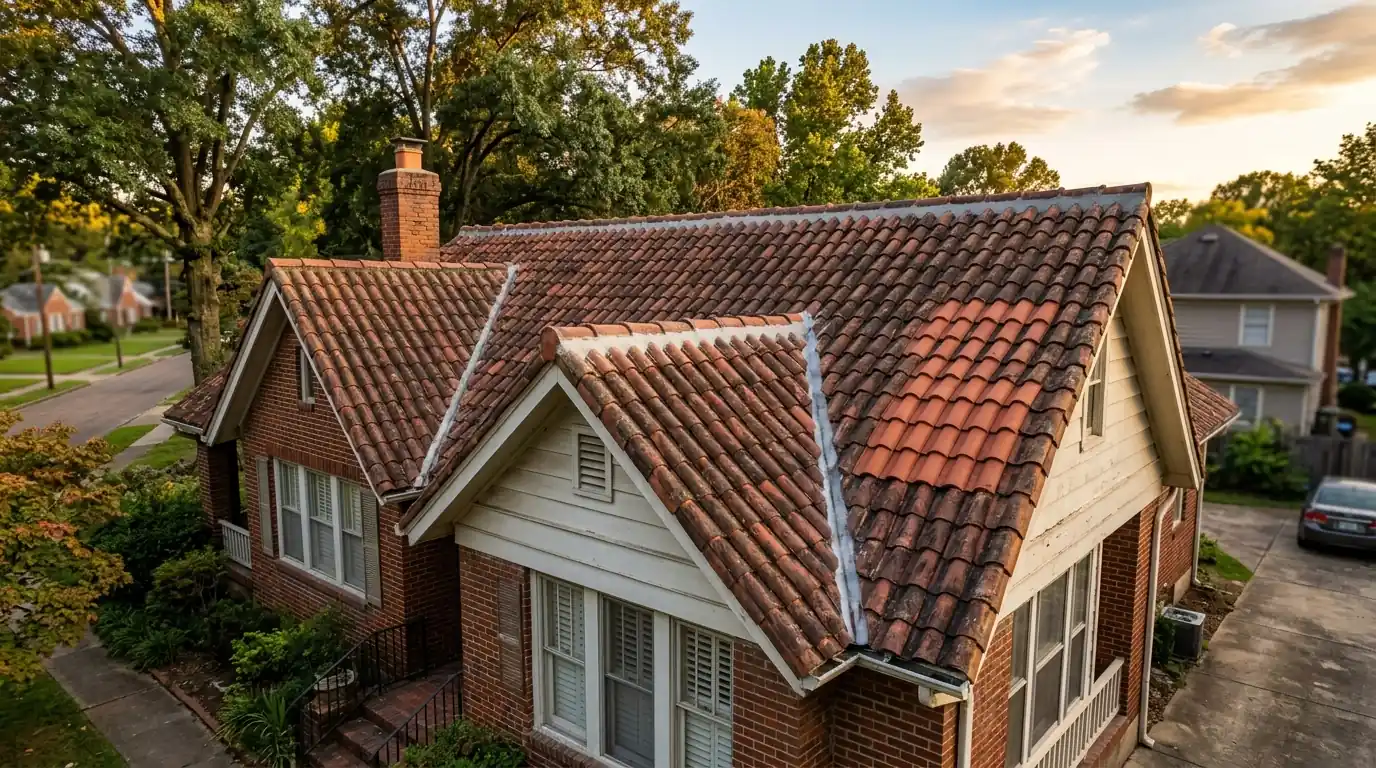 Clay tile roof with replaced tiles