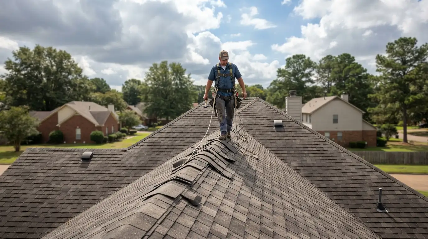 Roofer checking a ridge after a wind storm