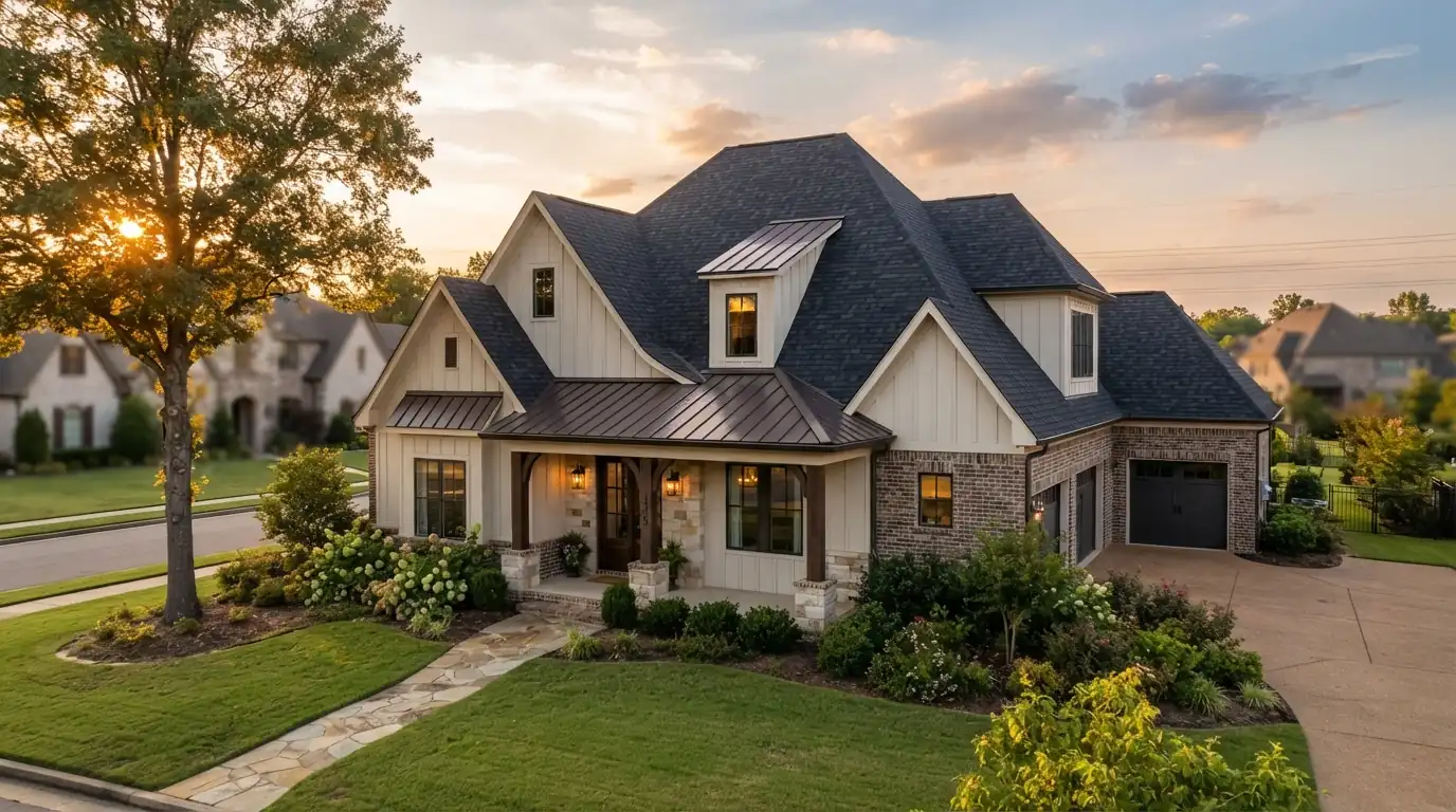 Custom home roof with shingle and metal sections