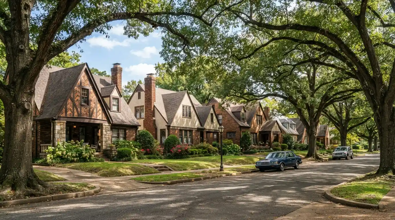Historic homes with steep roofs and chimneys in Midtown