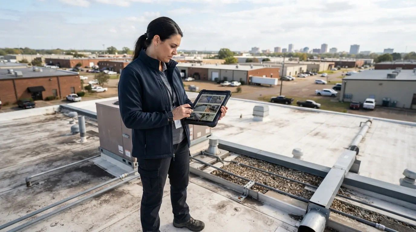 Commercial roof maintenance report on a tablet