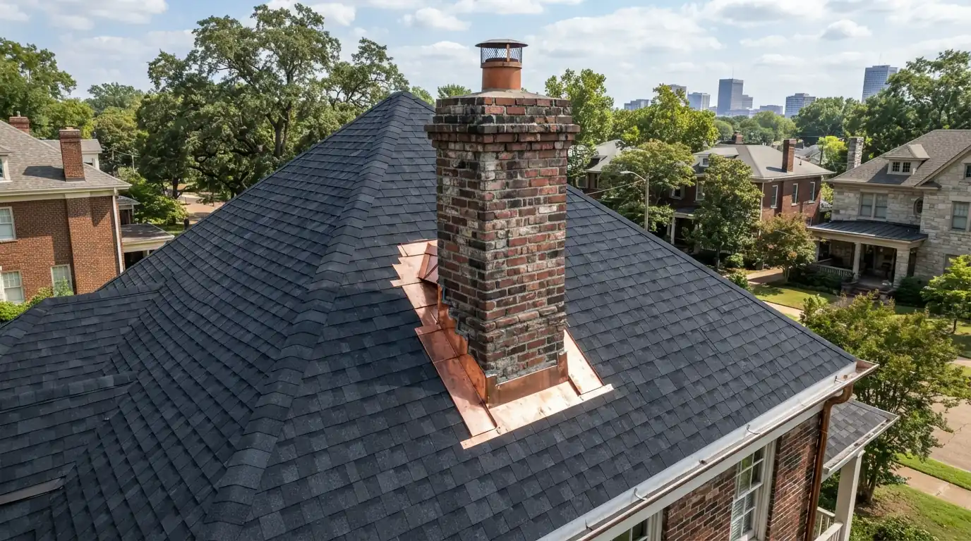 New copper chimney flashing and shingles on a steep gable roof