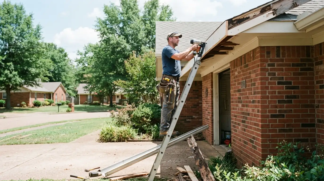 Rotted fascia board being replaced on a Memphis home