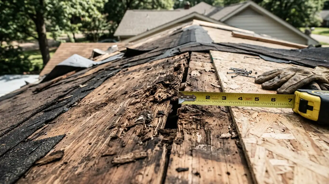 Rotted decking documented during tear-off