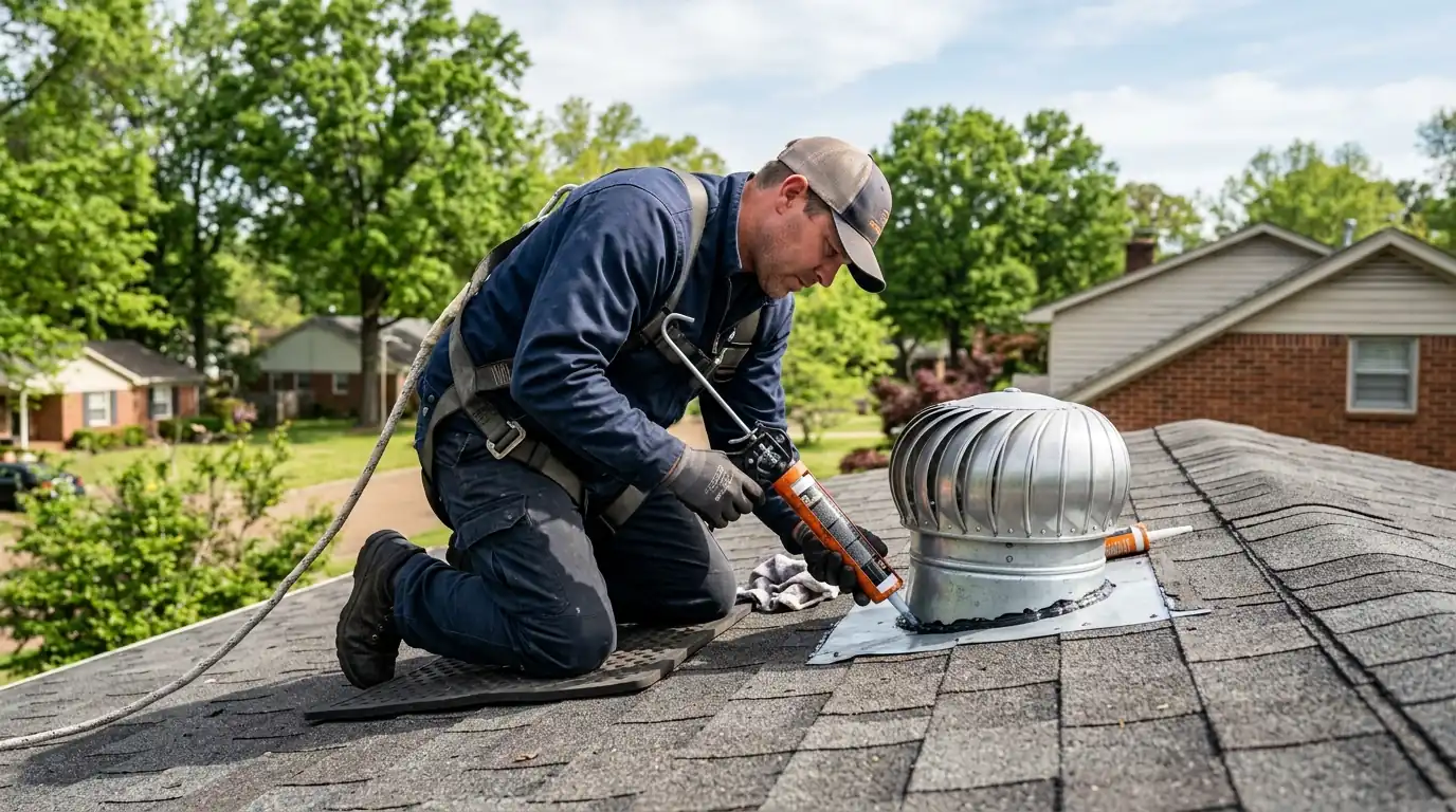 Roofer resealing vent flashing on a Memphis roof
