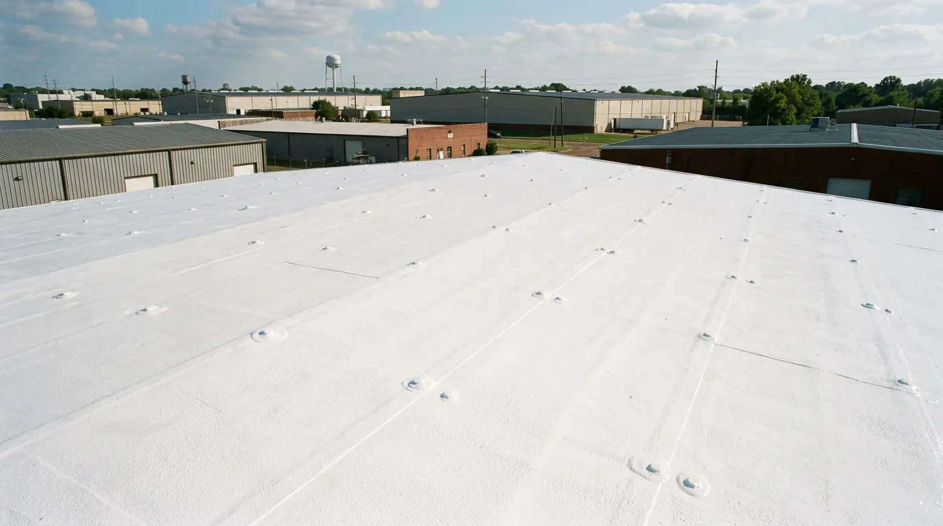 Acrylic coating on a metal warehouse roof in Memphis