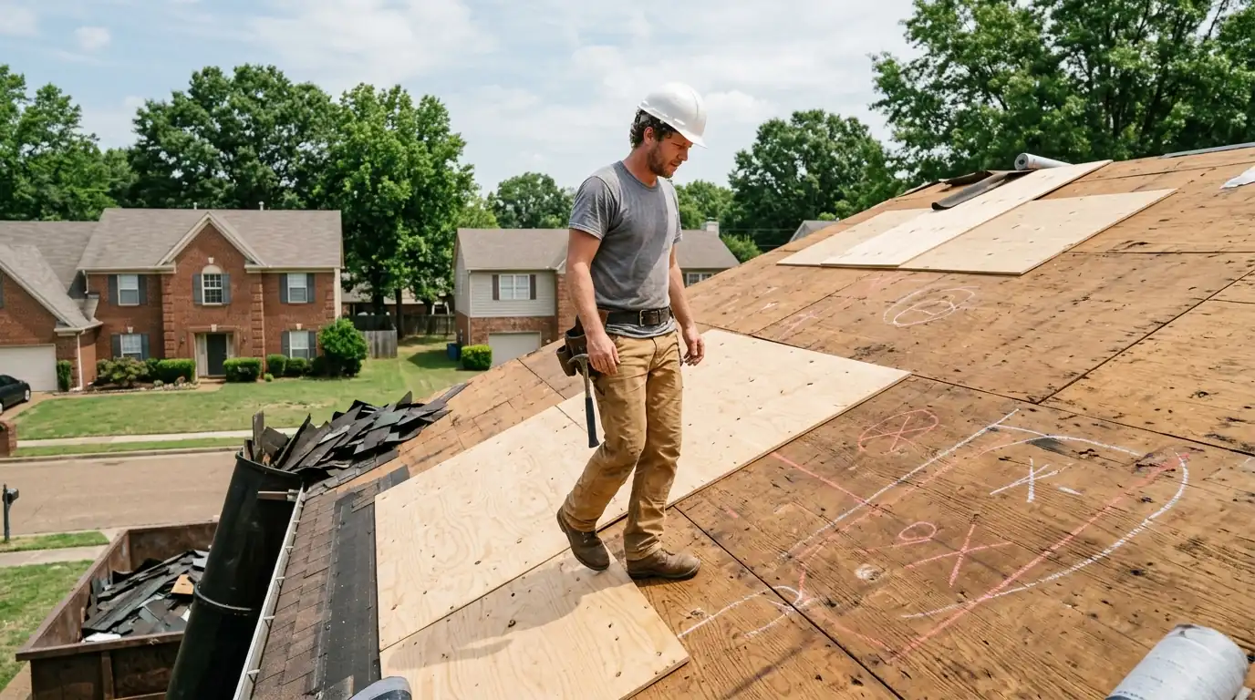 Bare roof deck after tear-off with new sheets