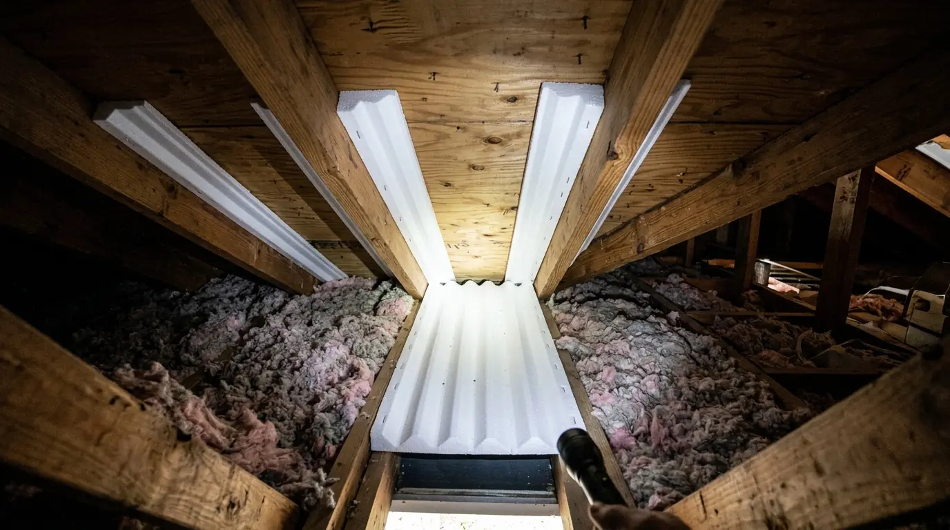 Vent baffles at the eaves in a Memphis attic