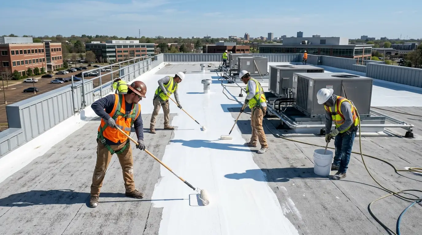 Silicone coating being rolled onto a commercial roof in Memphis