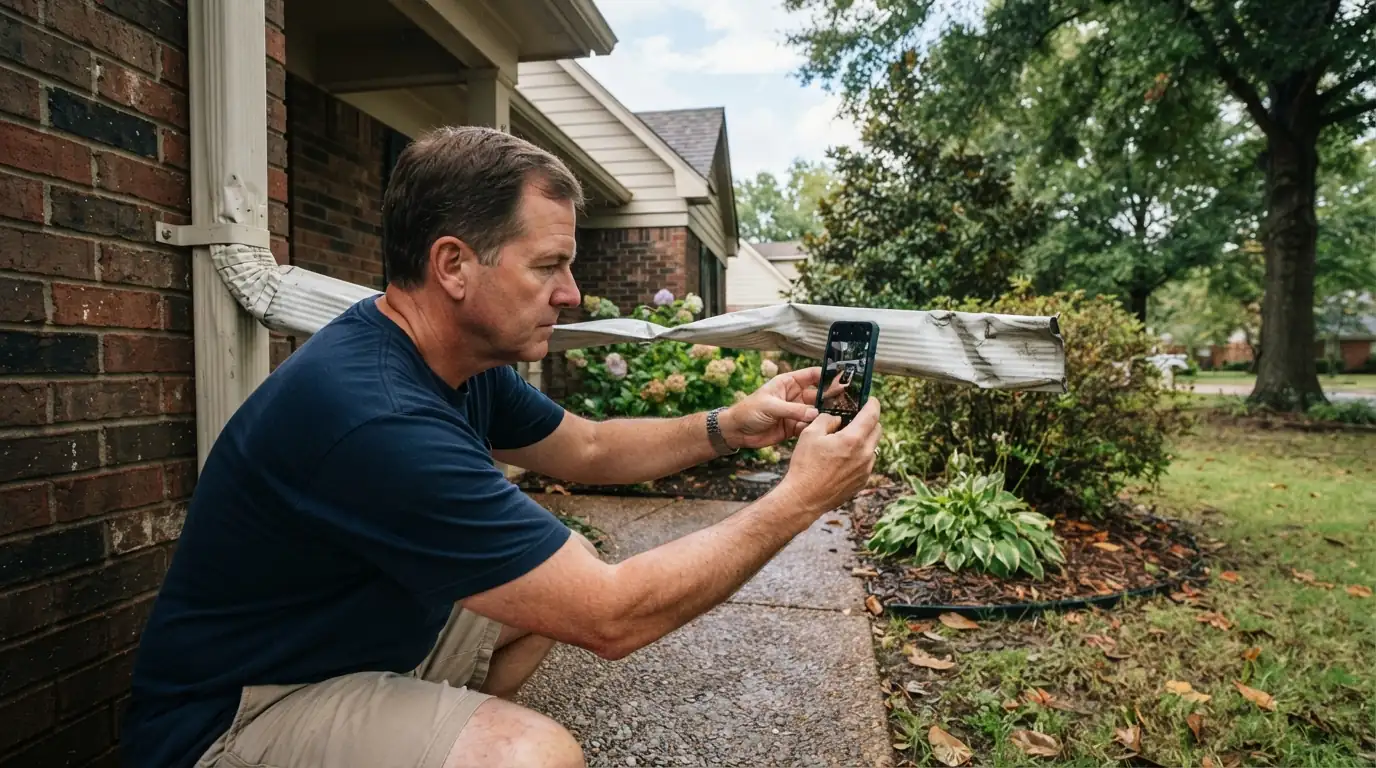 Homeowner photographing storm damage to a gutter