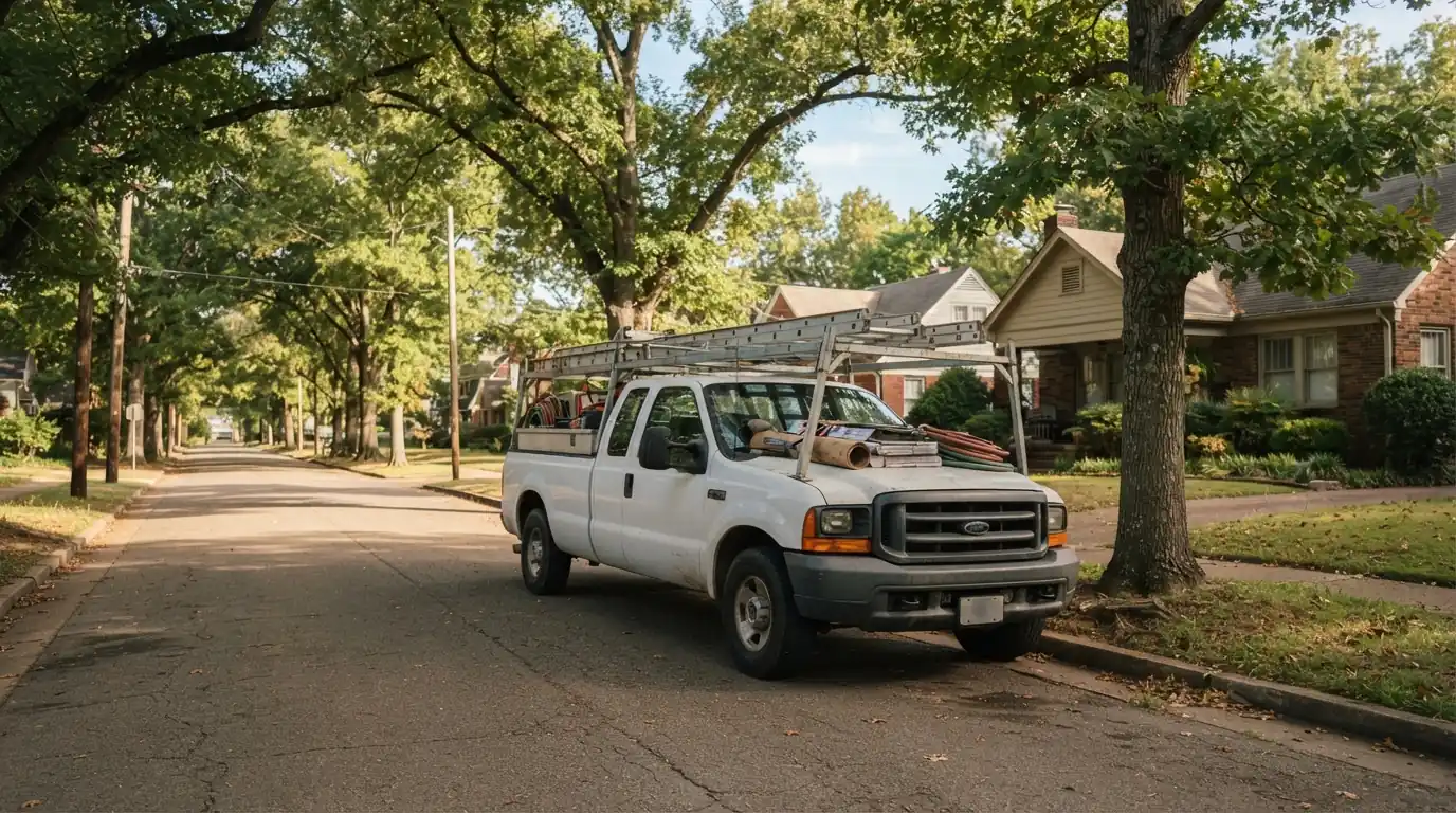 Roofing truck on a street in northeast Memphis