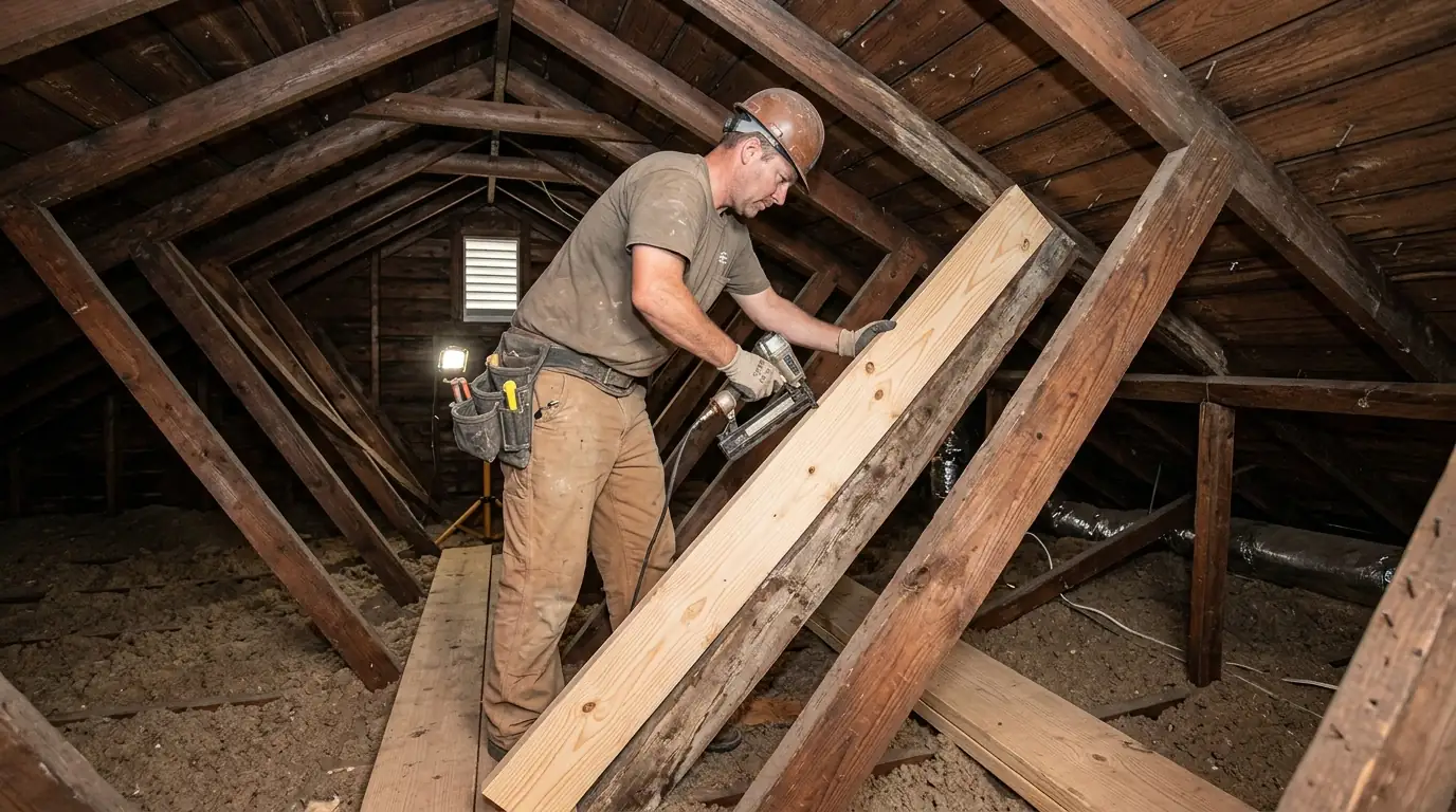 New rafter sistered beside a cracked one in a Memphis attic