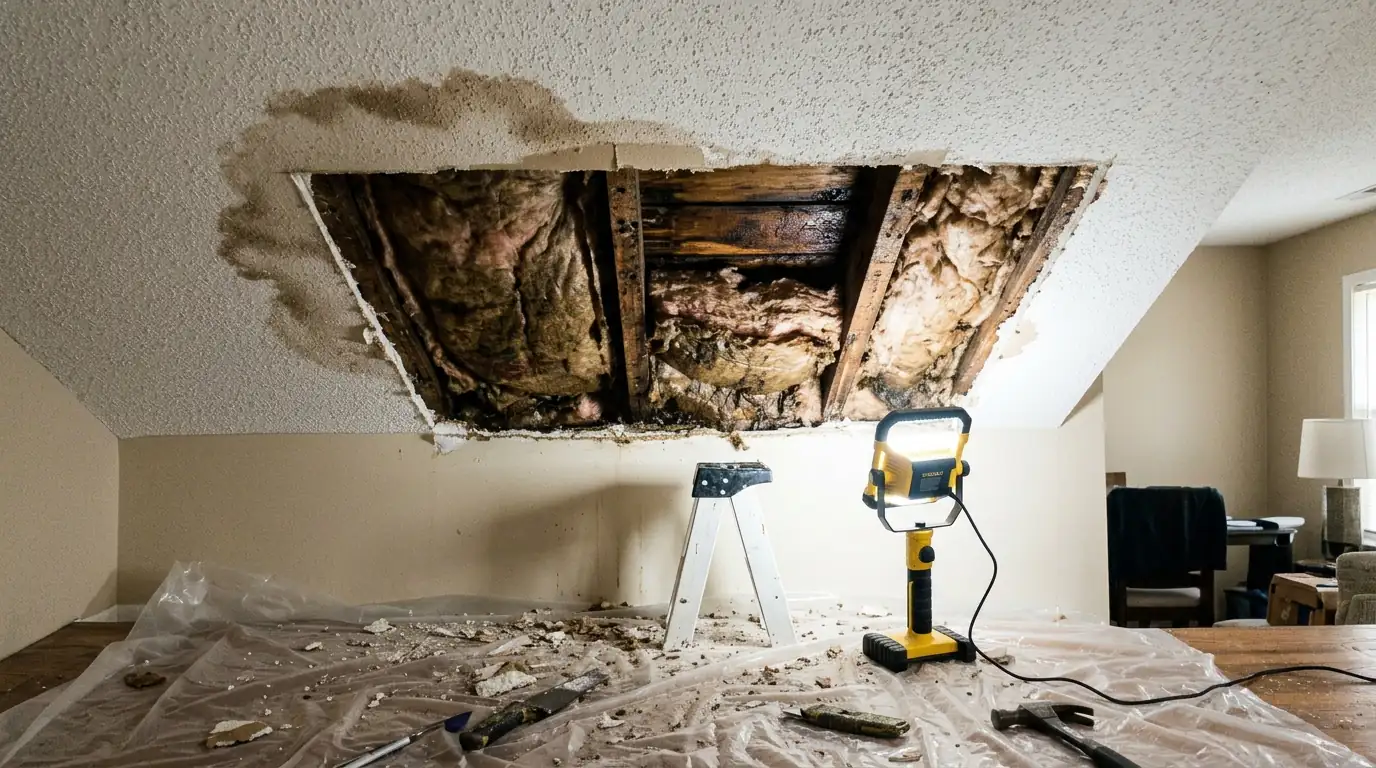 Water-damaged ceiling drywall opened for repair