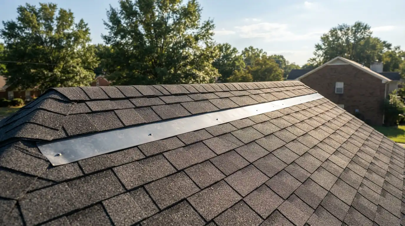Zinc strip below a roof ridge