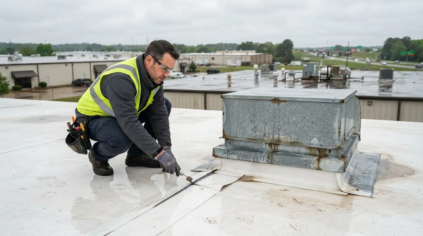 Roofer checking a commercial roof seam in Memphis