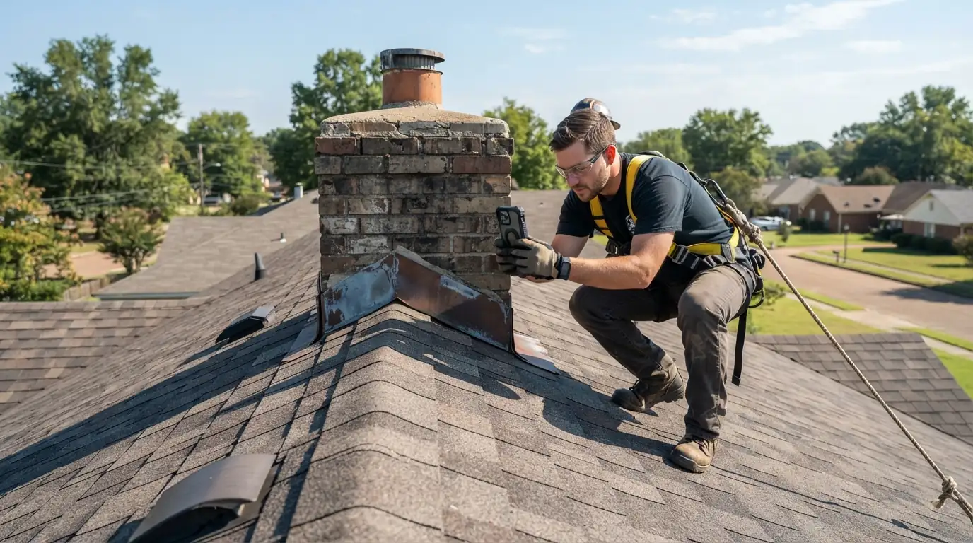 Roofer photographing chimney flashing on a Memphis roof