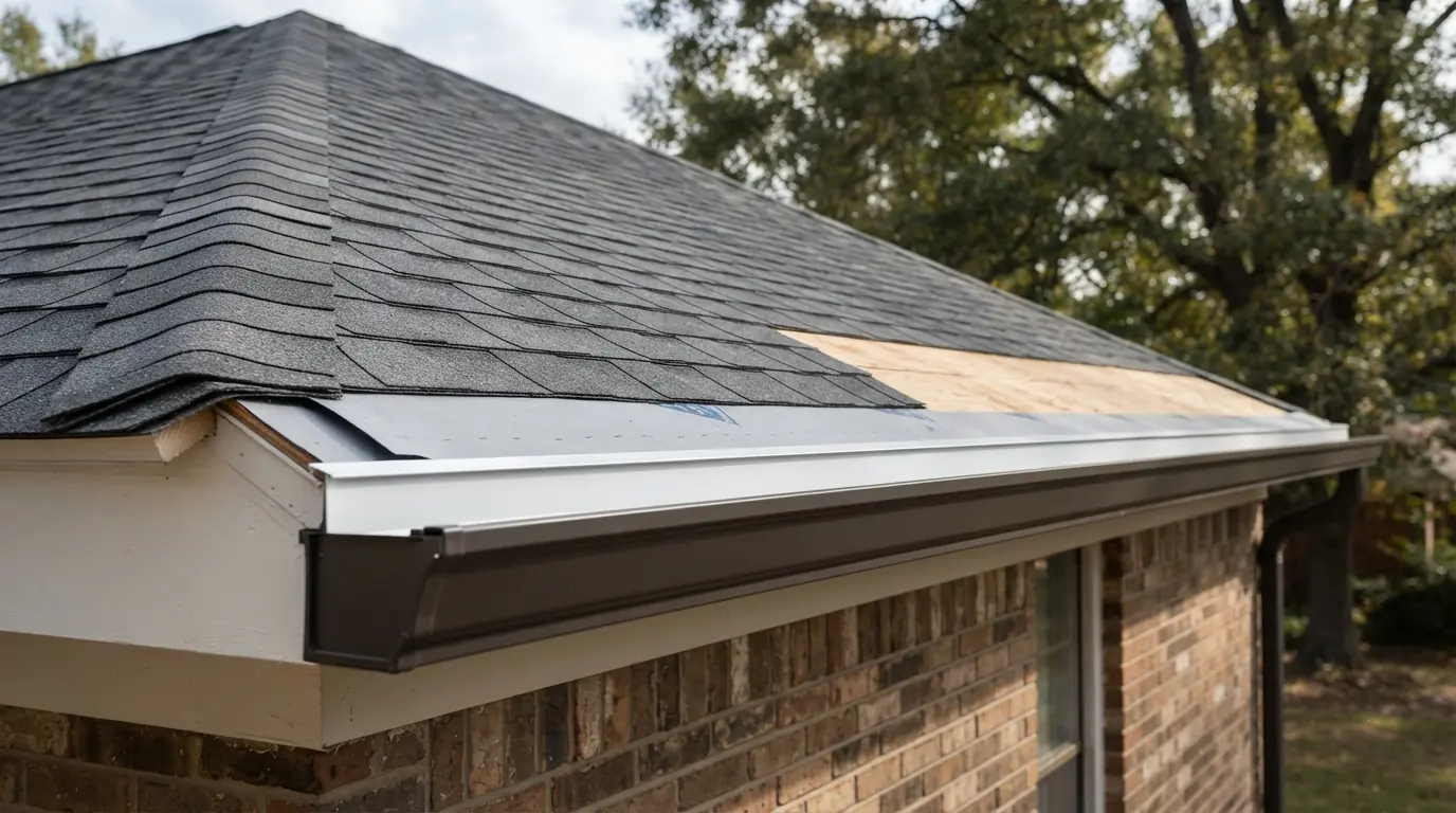 Drip edge and starter course along a roof eave