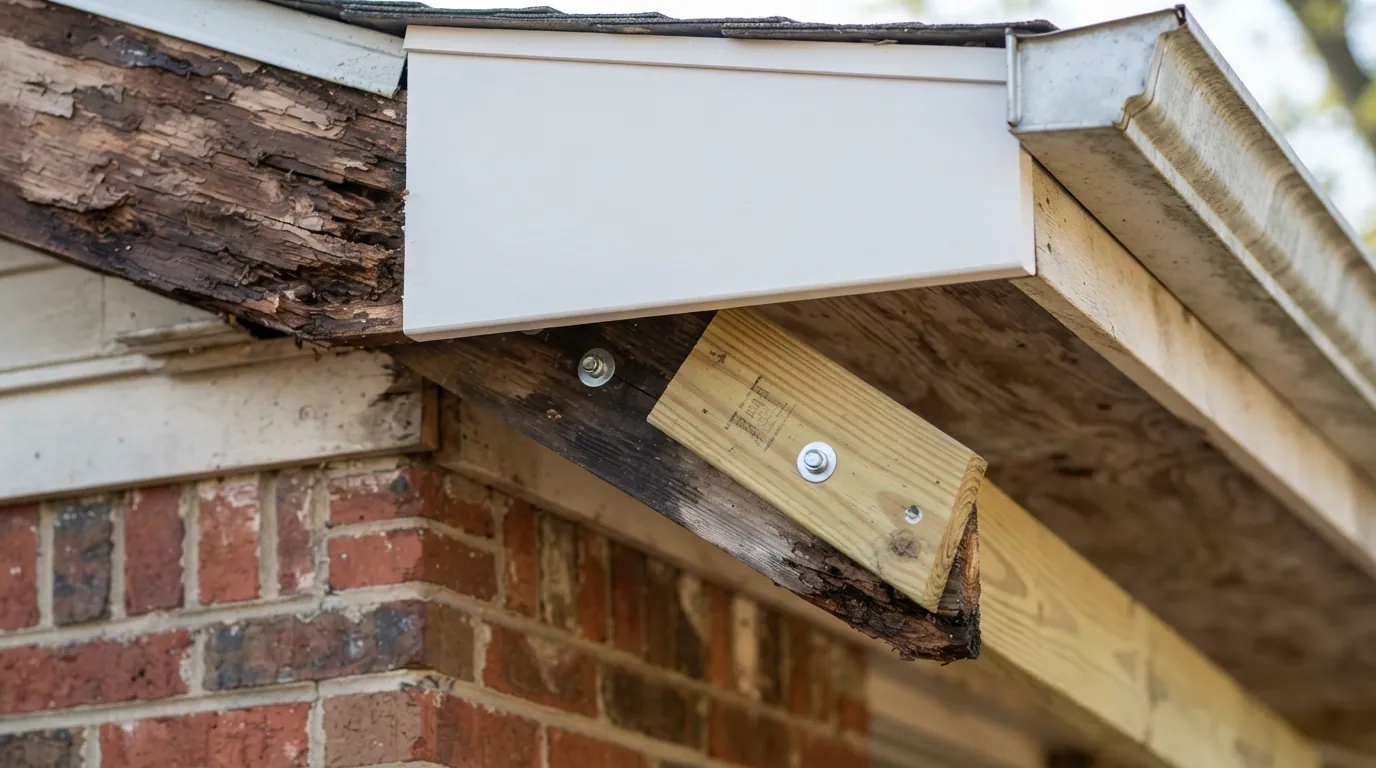 New fascia beside rotted wood and a sistered rafter tail