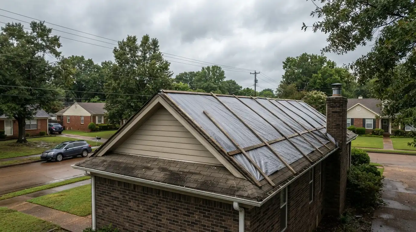 Tarp fastened over the ridge with battens