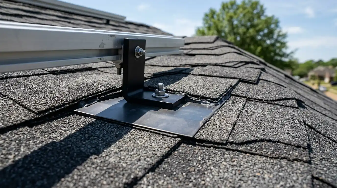 Flashed solar mount in new shingles