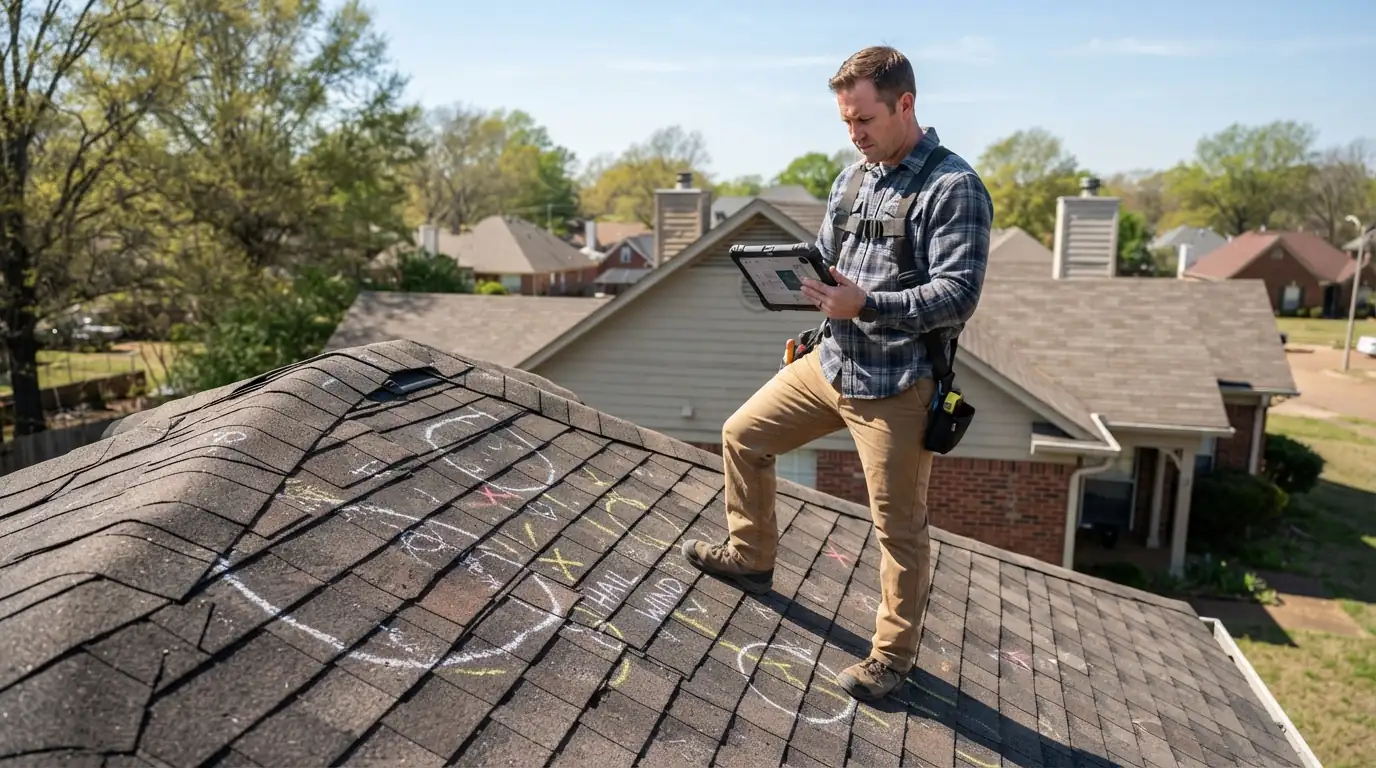 Adjuster and roofer reviewing storm damage on a roof