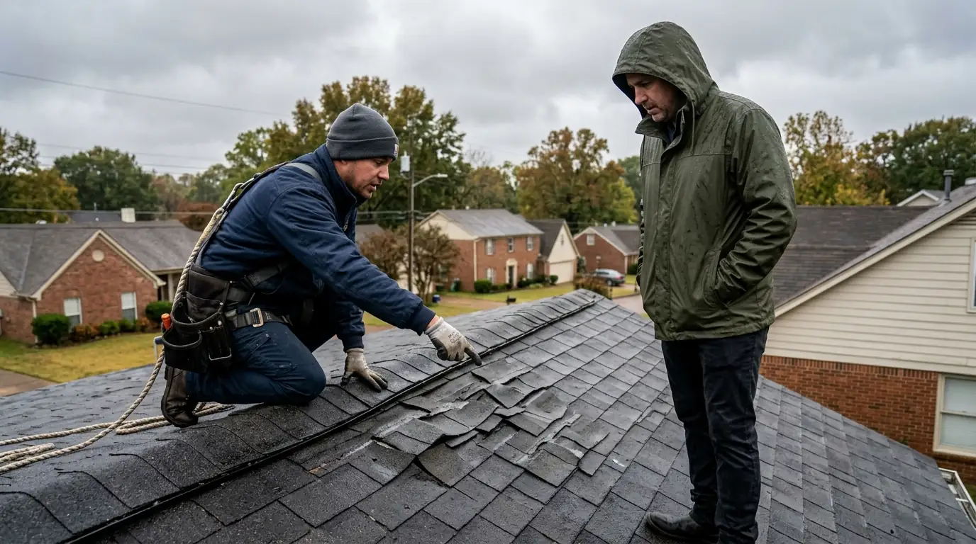 Roofer pointing out wind damage during an adjuster visit