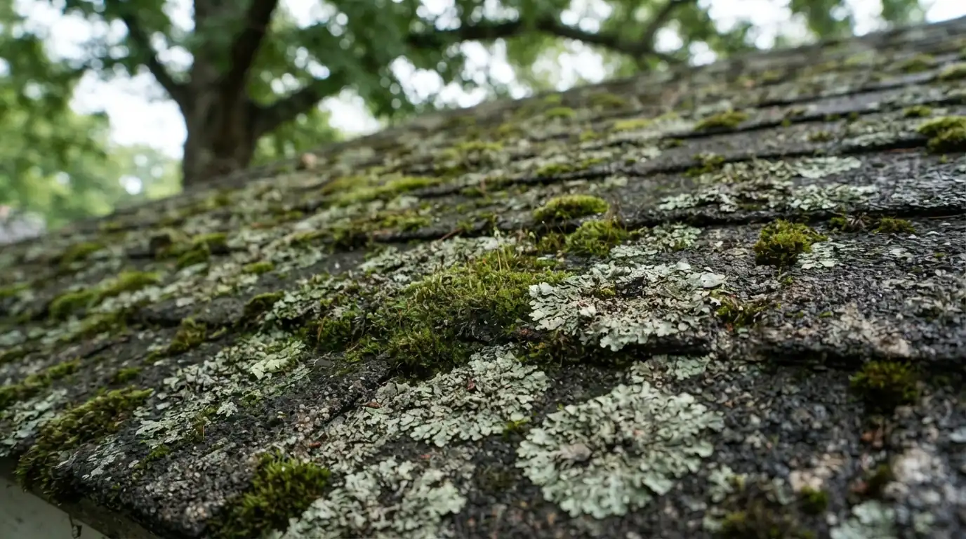 Moss and lichen on shaded shingles