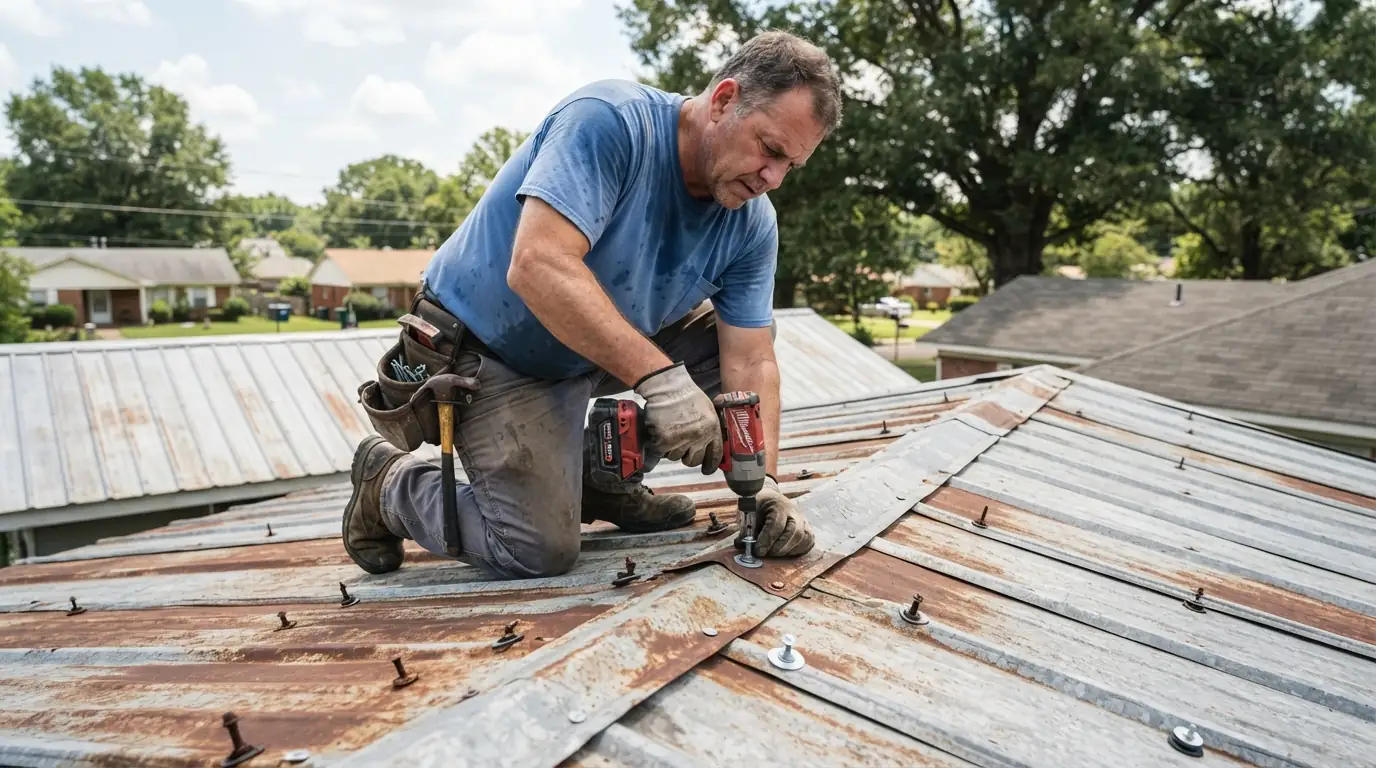 Roofer replacing screws on an older metal roof