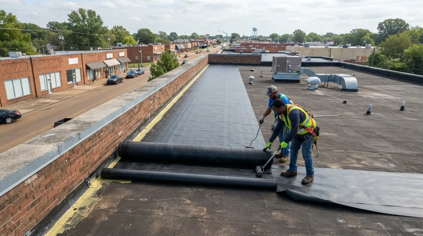 EPDM membrane being installed on a Memphis commercial roof