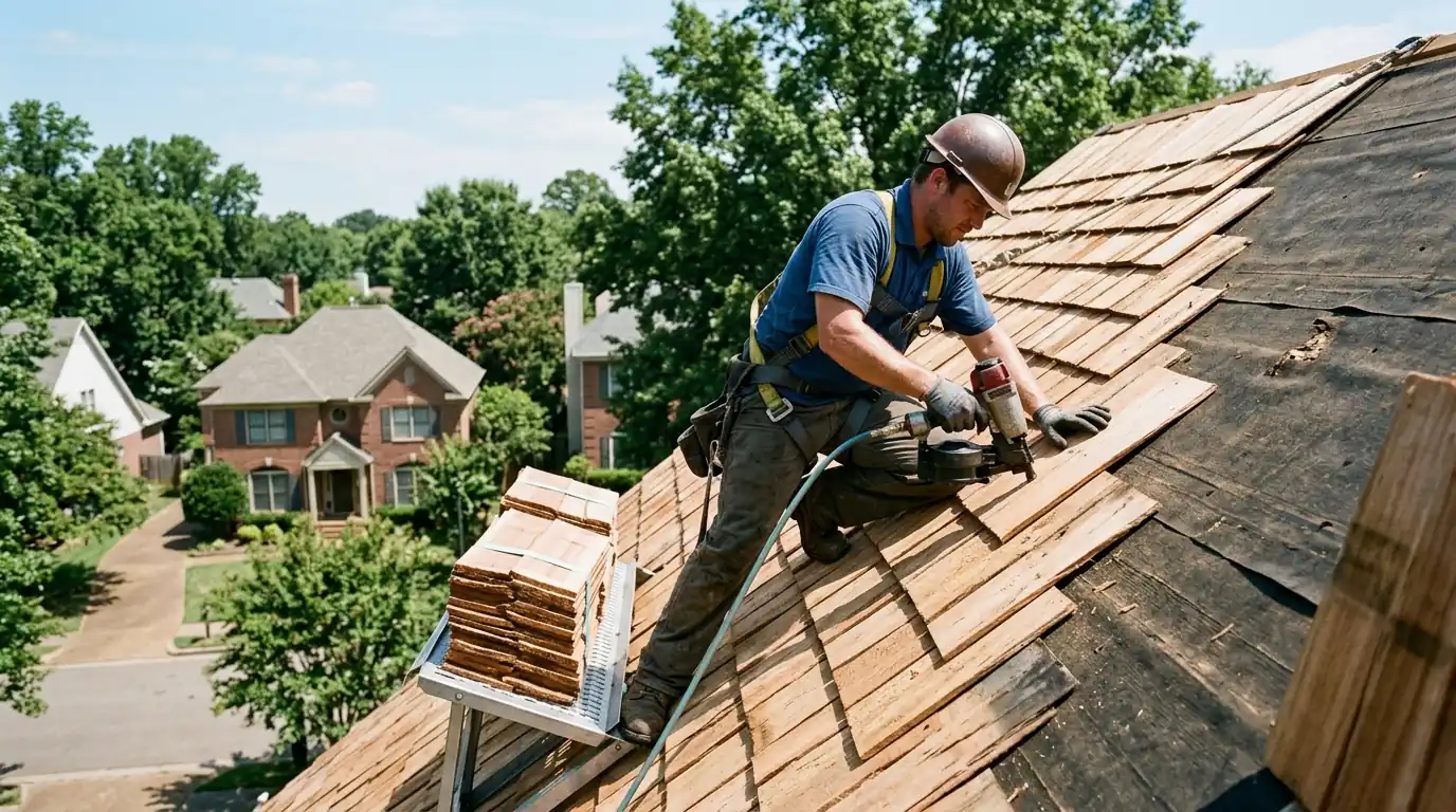Roofer installing new cedar shakes on a steep roof