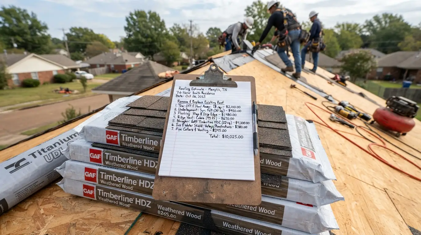 Line-item roofing estimate on a clipboard
