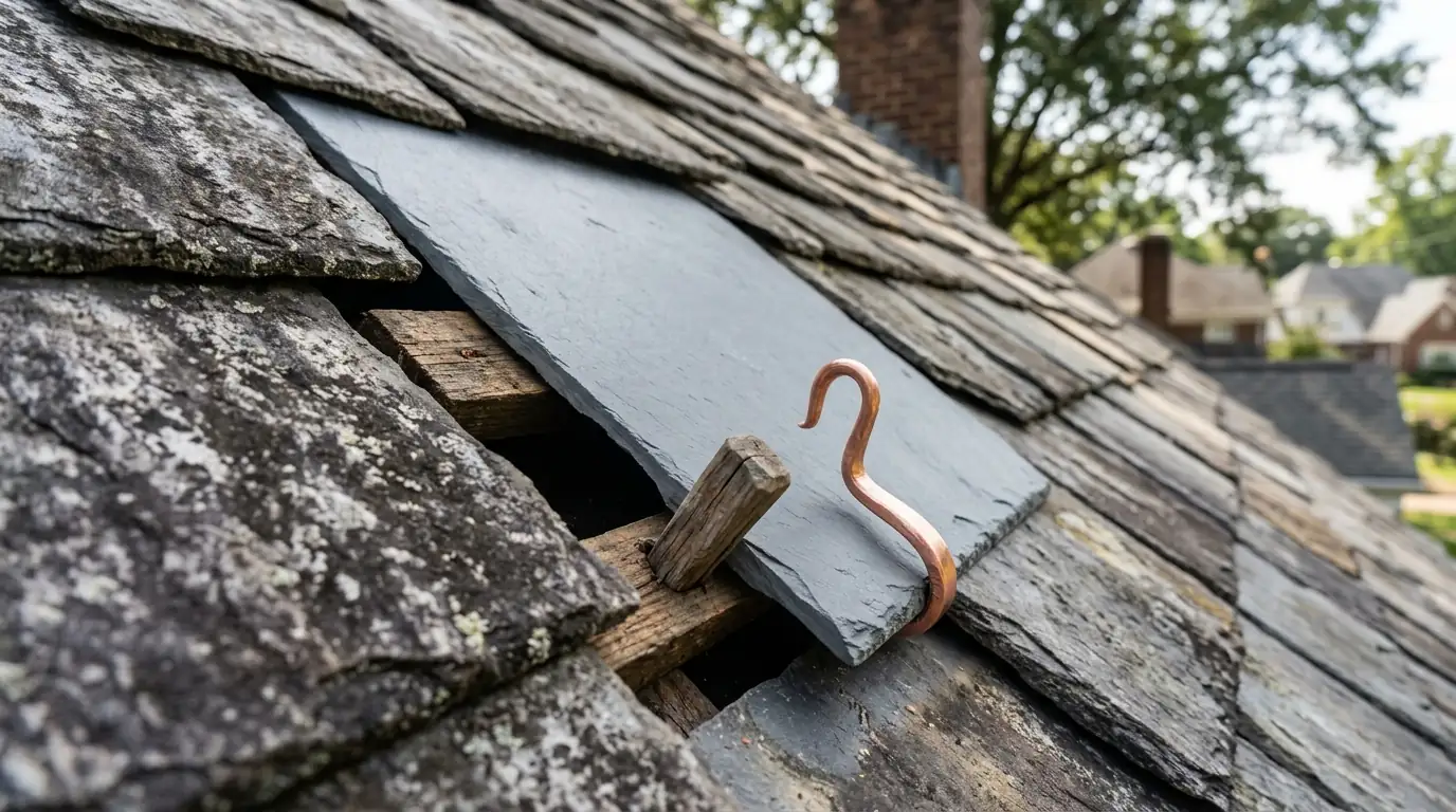 Replacement slate held with a copper hook