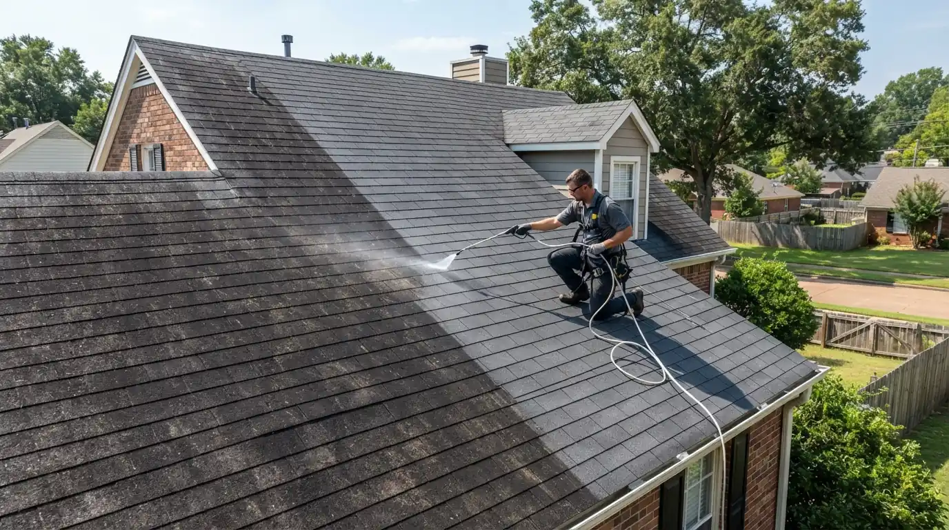 Soft washing algae streaks off a Memphis roof
