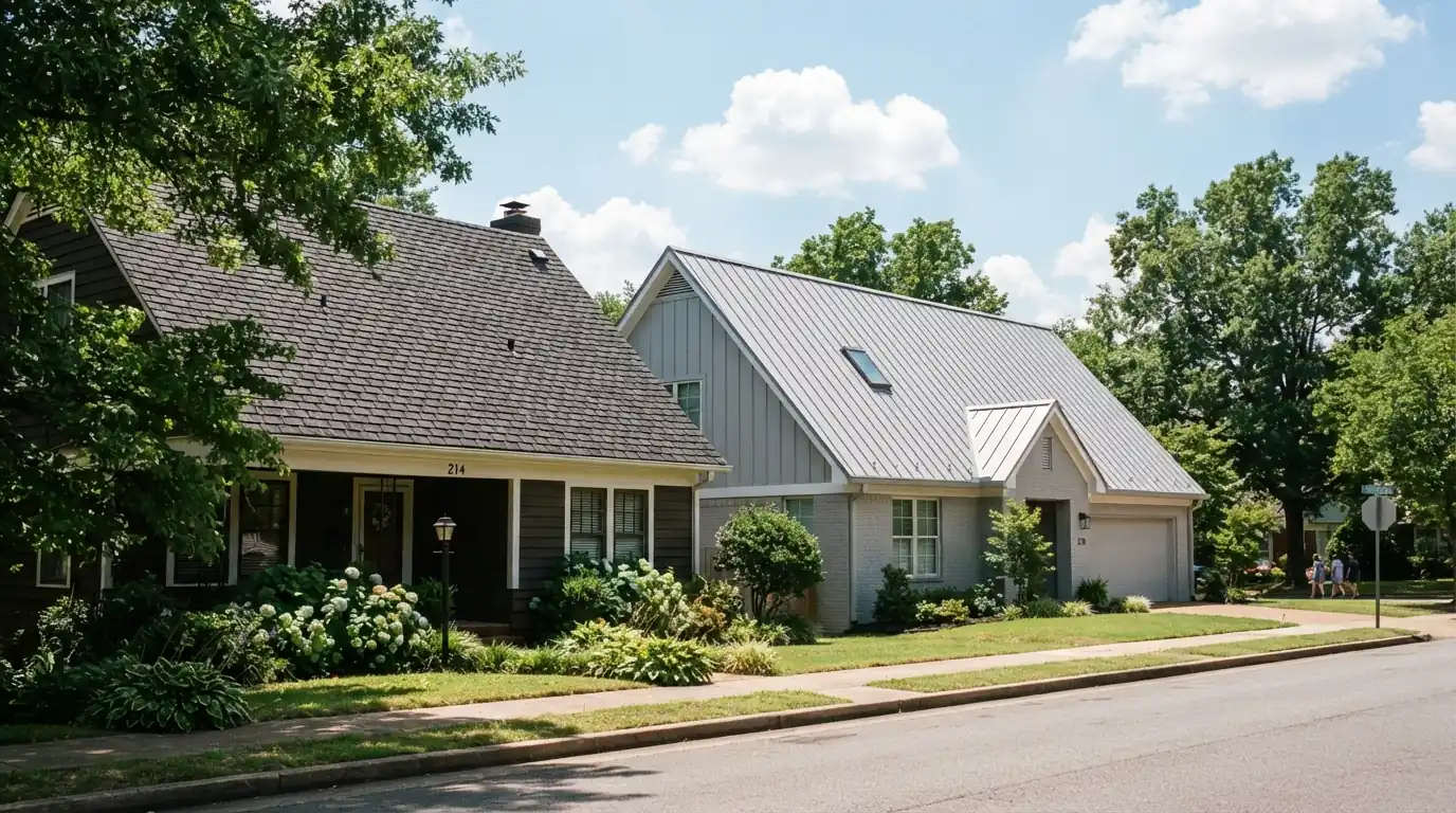 Shingle roof and metal roof on neighboring homes
