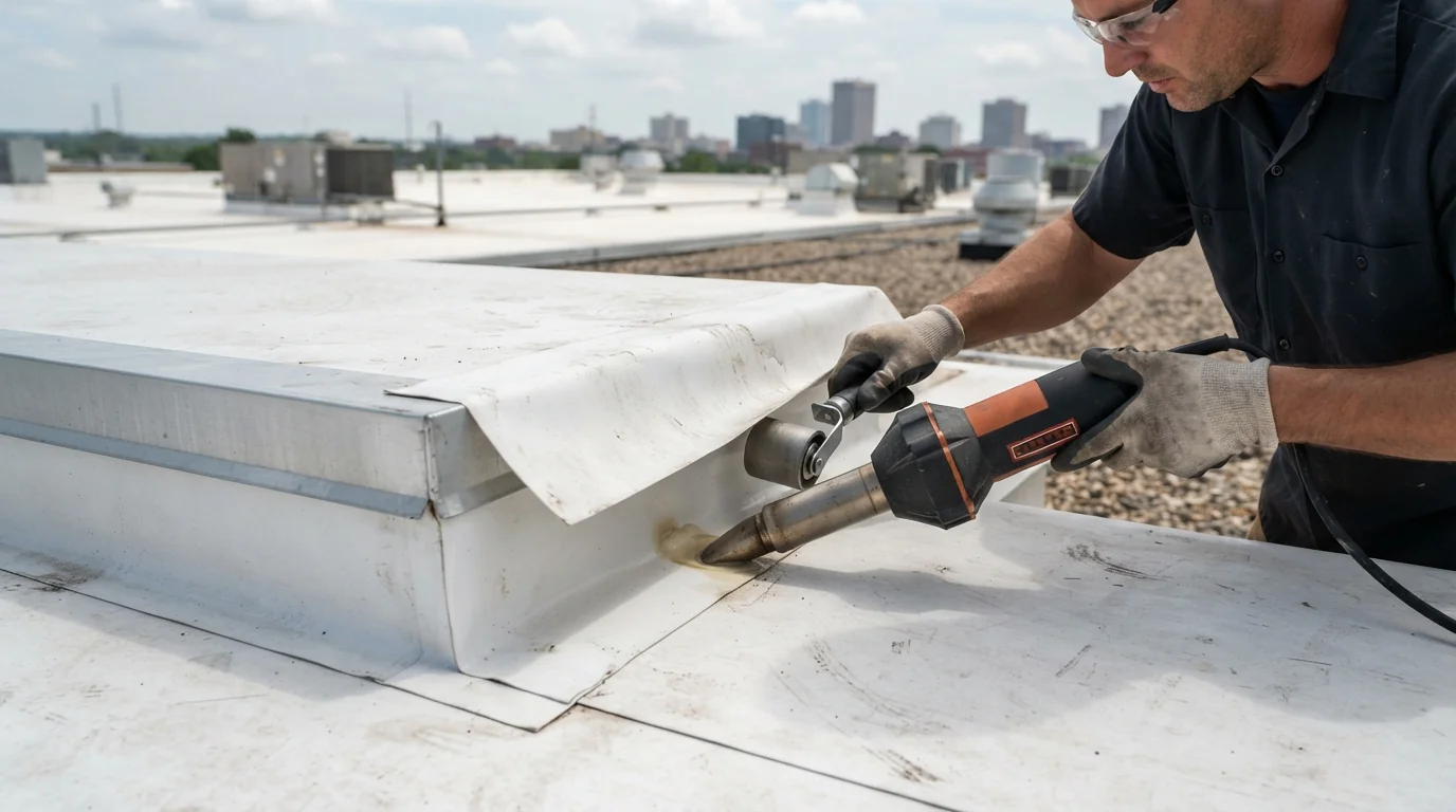 Welded PVC seam around a rooftop curb