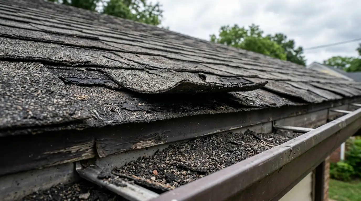 Curling, granule-worn shingles on an older Memphis home