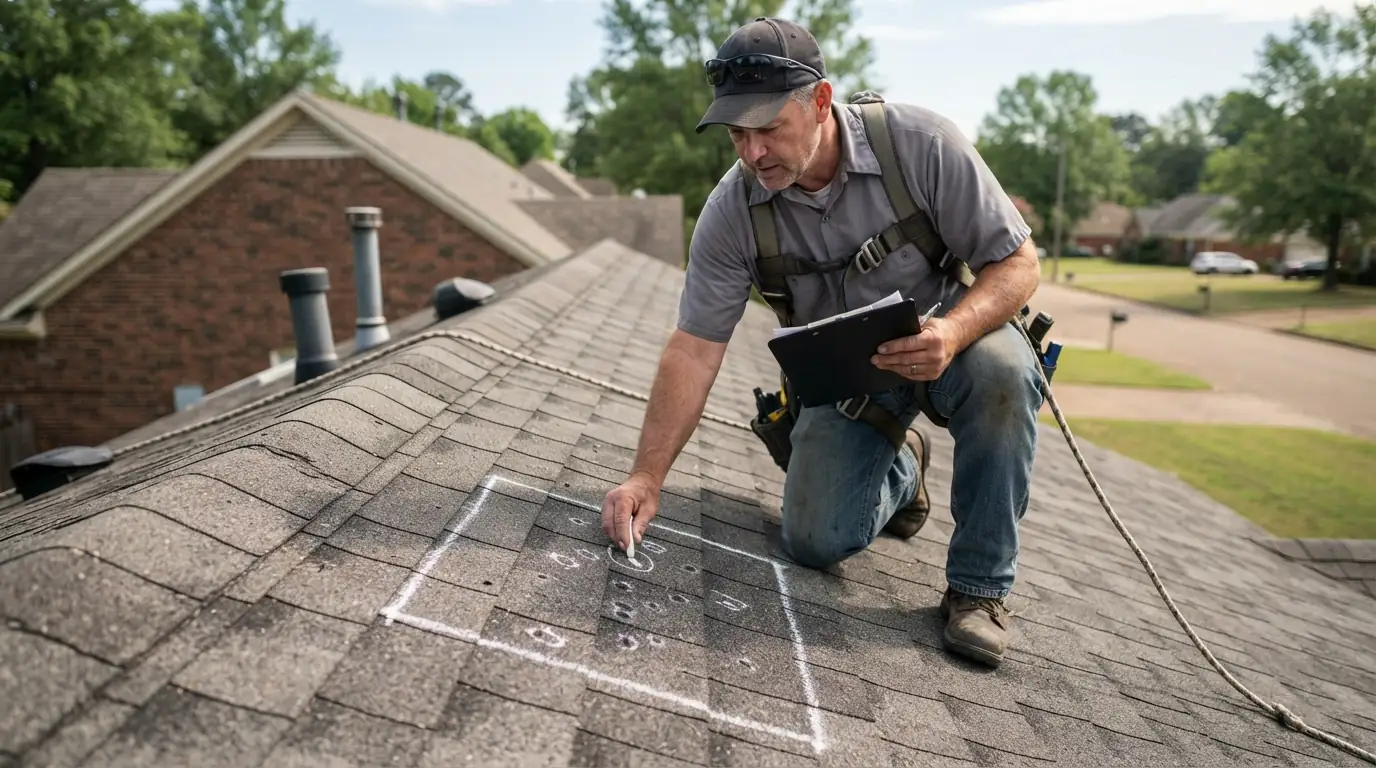 Roofer marking hail hits in a test square