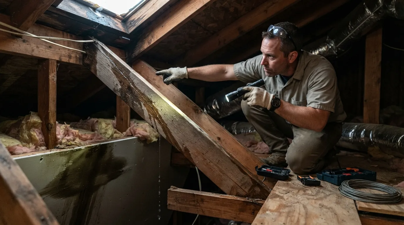 Water trail along a rafter in an attic