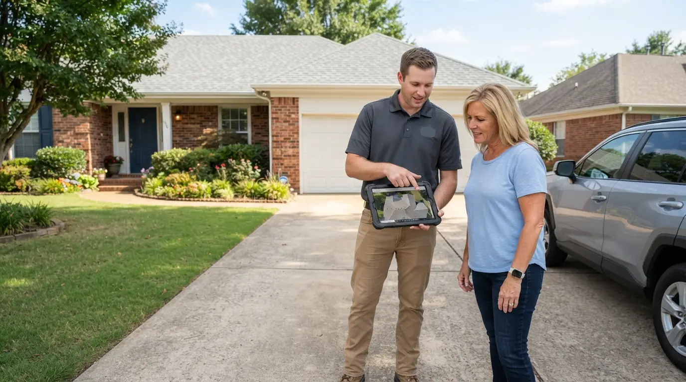 Roofer showing a homeowner roof photos on a tablet