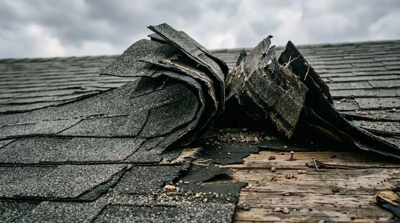 Wind-creased shingles with broken seal strips