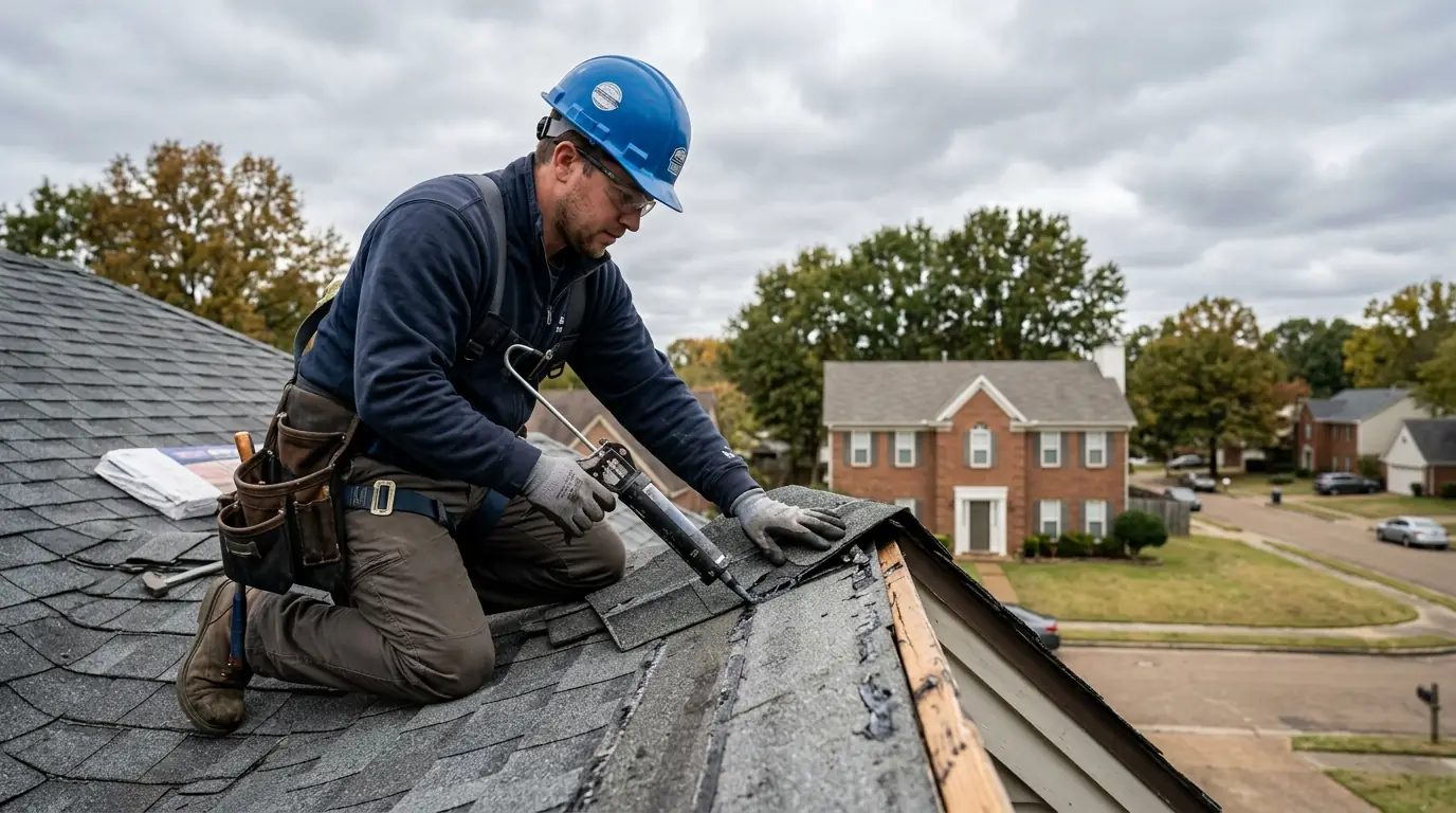 Roofer sealing wind-lifted shingles on a Memphis roof