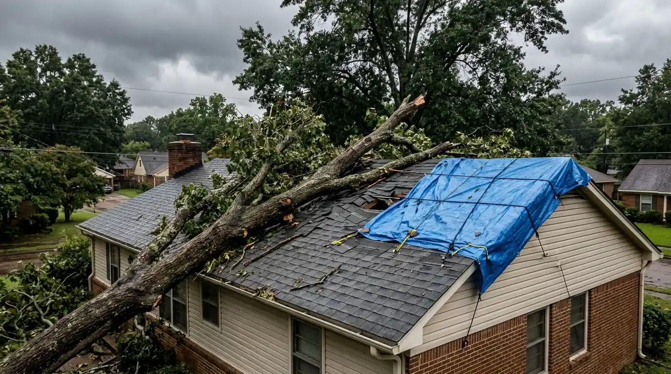 Tree limb on a damaged roof after a storm