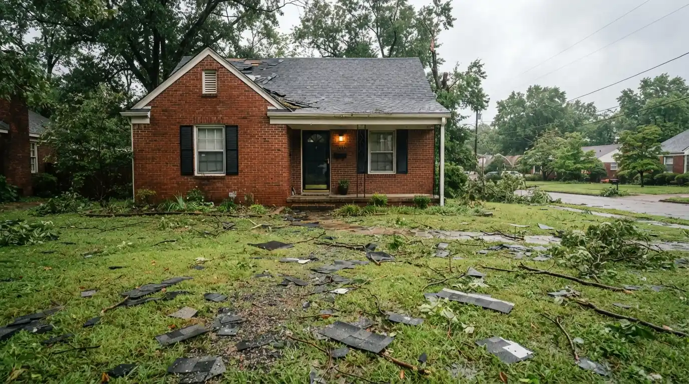 Shingle pieces on a lawn after a storm