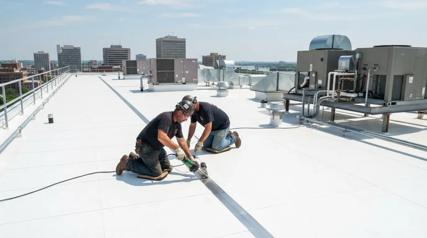 Crew welding a TPO roof on a Memphis commercial building