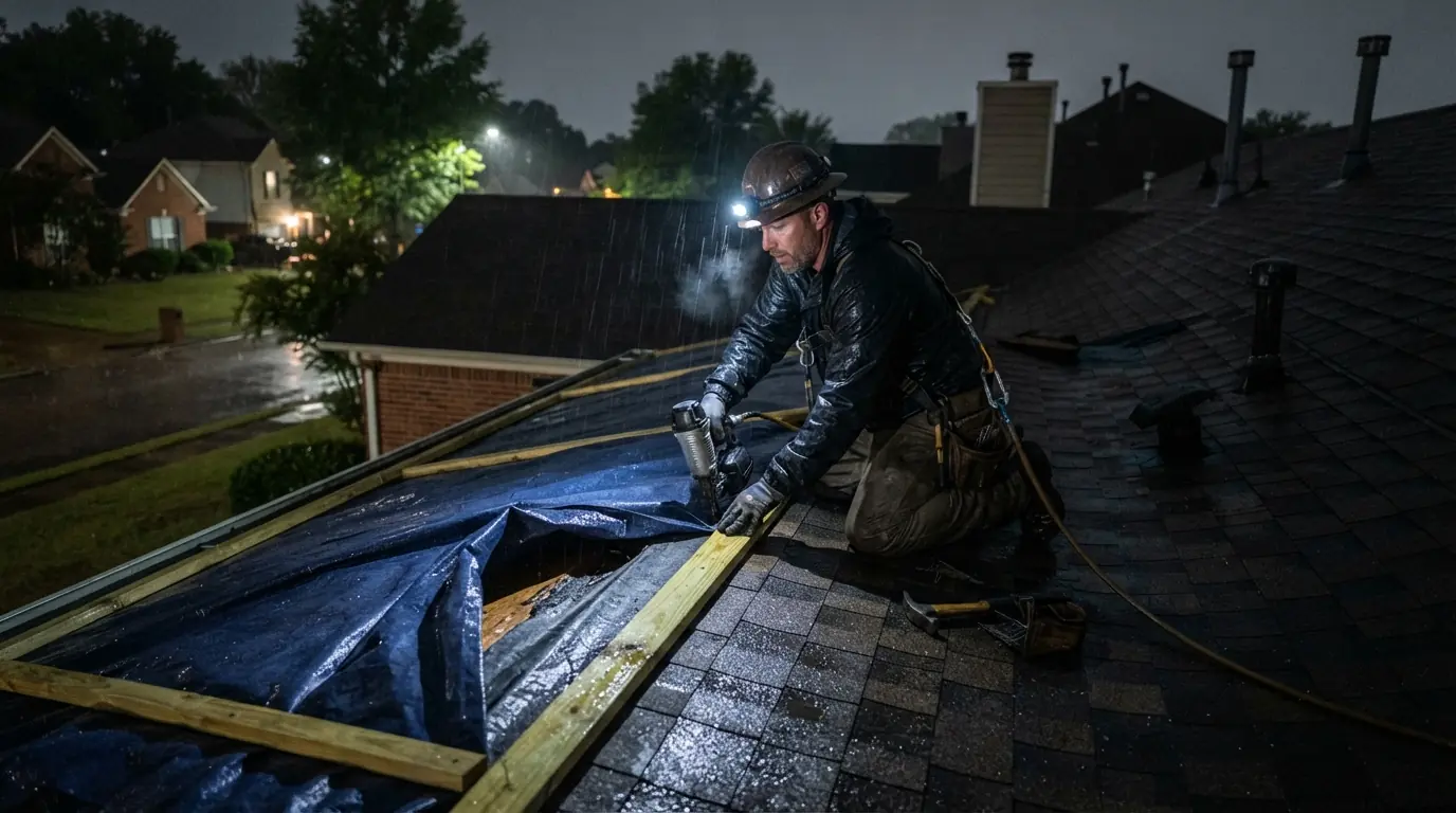 Emergency tarping at night on a Memphis roof