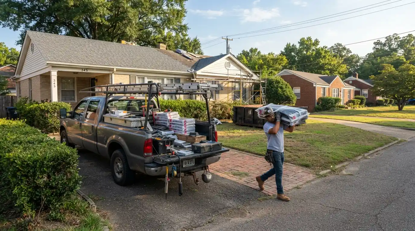 Rock & Roll Roofs truck at a ranch home in Memphis