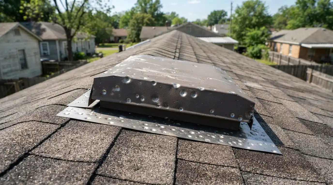 Hail dents on a roof vent and gutter