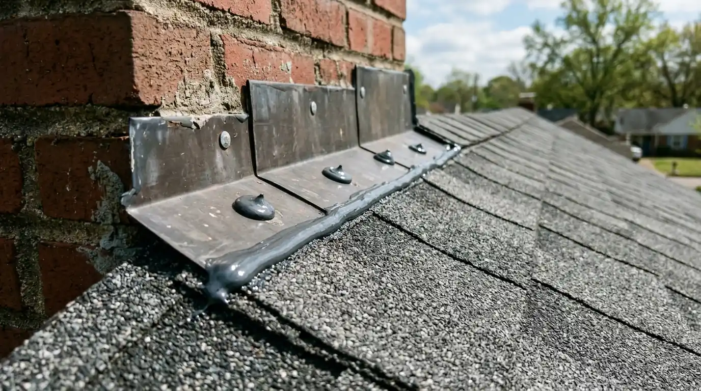Fresh sealant on chimney counterflashing