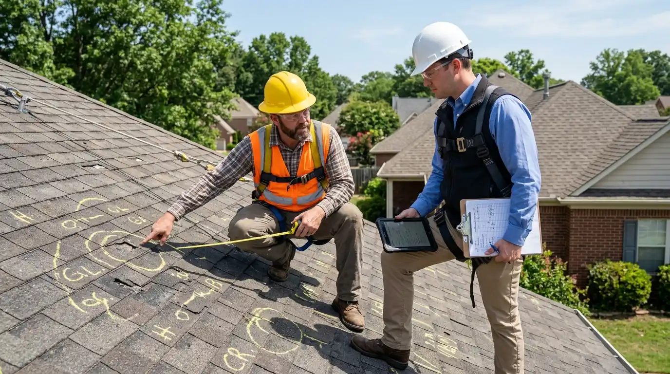 Roofer and adjuster reviewing storm damage on a Memphis roof